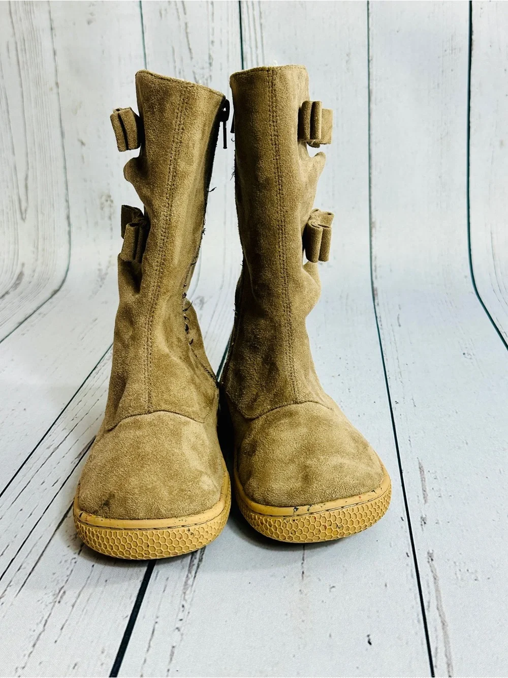 Livie & Luca Taupe Neve boots  two suede bows on the side. Girls size 13 (sku6S)
